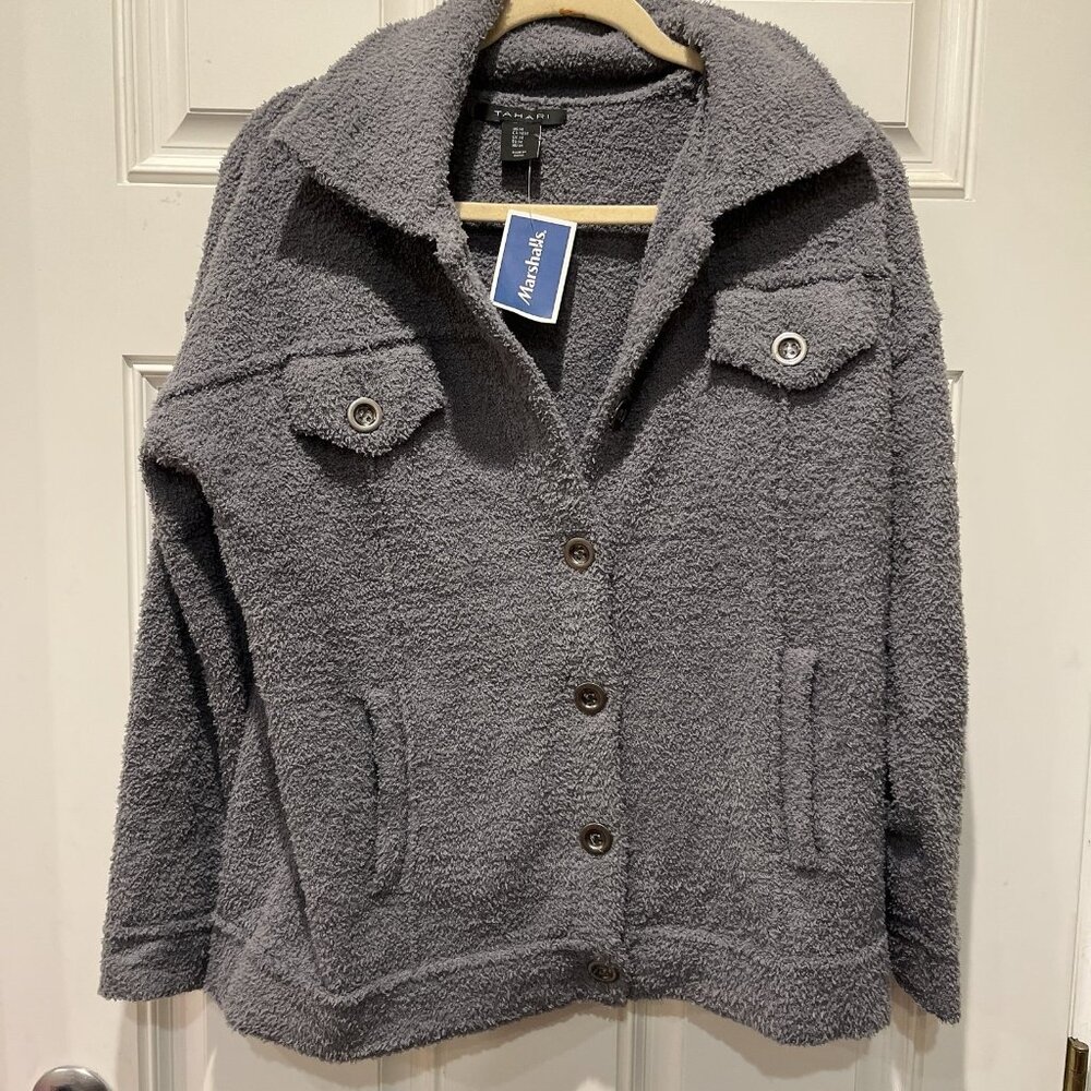 tahari grey fuzzy coat
